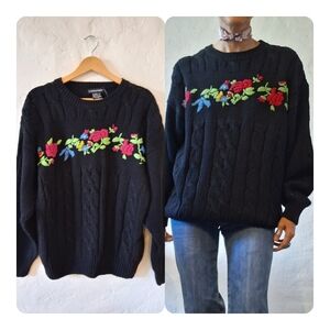 90s Black Floral Embroidered Sweater Cottagecore Whimsygoth
